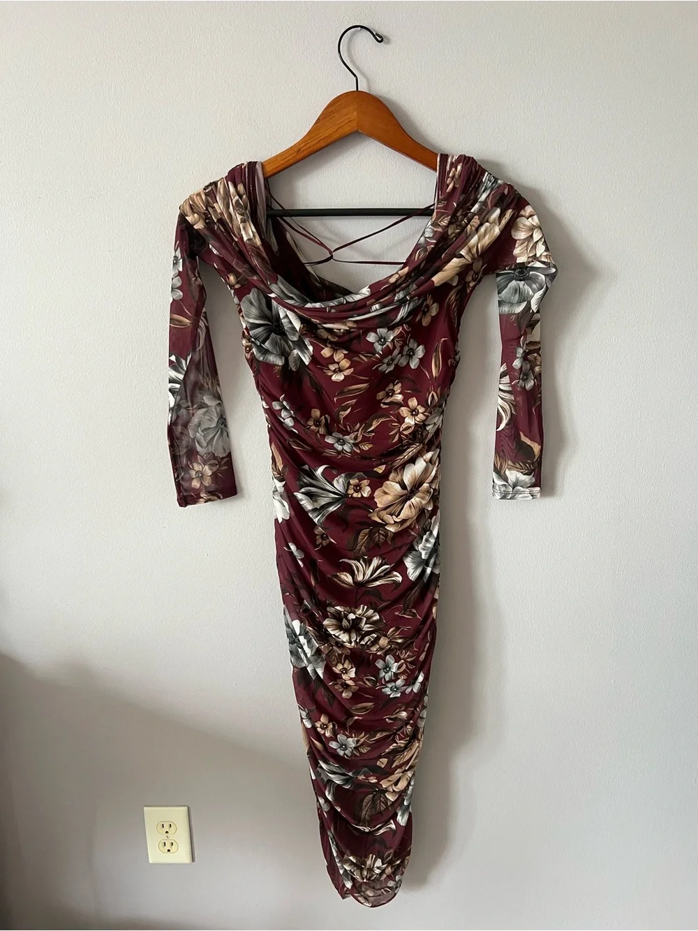 Express Burgundy Floral Long Sleeve Midi Dress